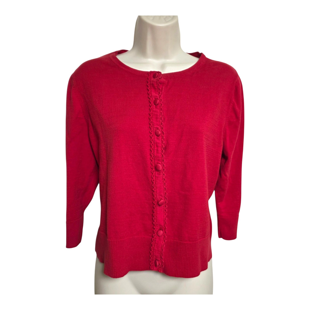Coldwater Creek Womens Medium Red Cardigan Sweater Crochet Trim 3/4 Sleeve